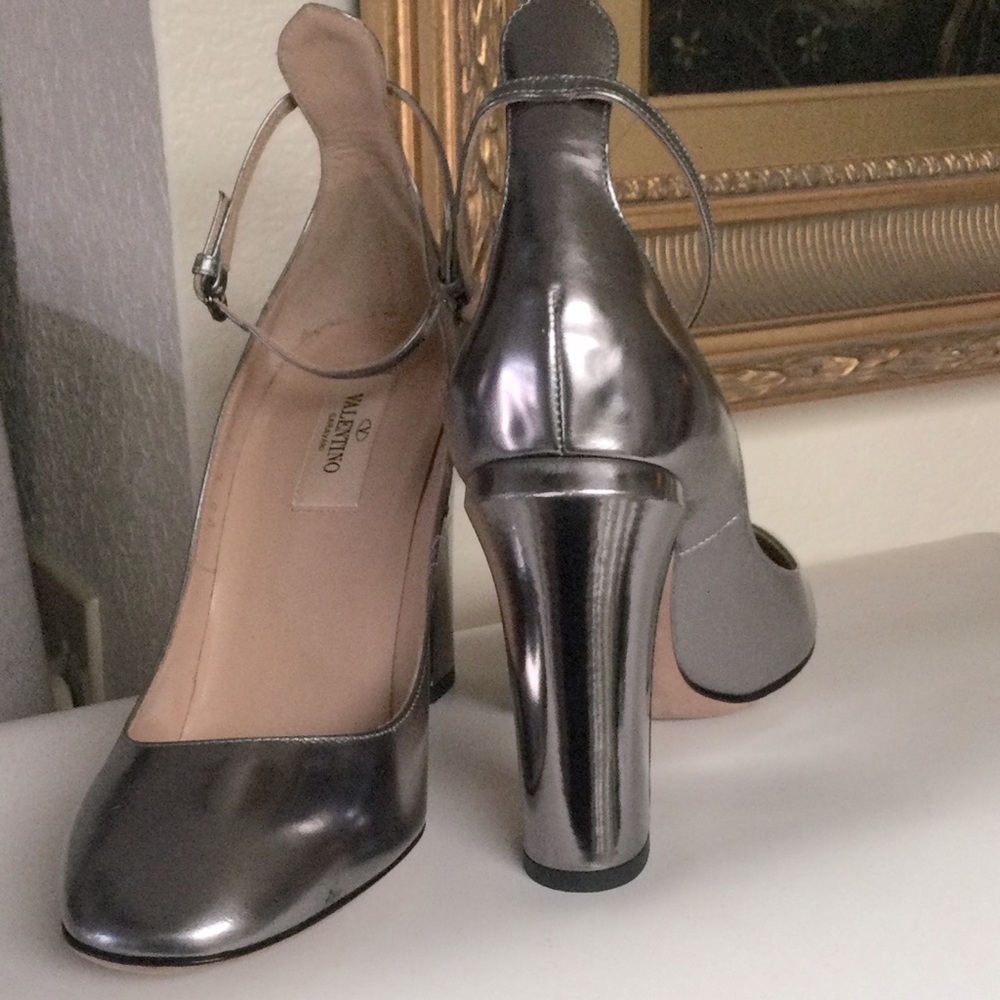 Valentino Metallic Silver Leather Block Heel Pumps